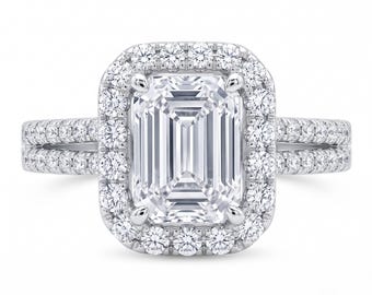 1 Ct Emerald Cut Lab Grown Diamond Halo Engagement Ring