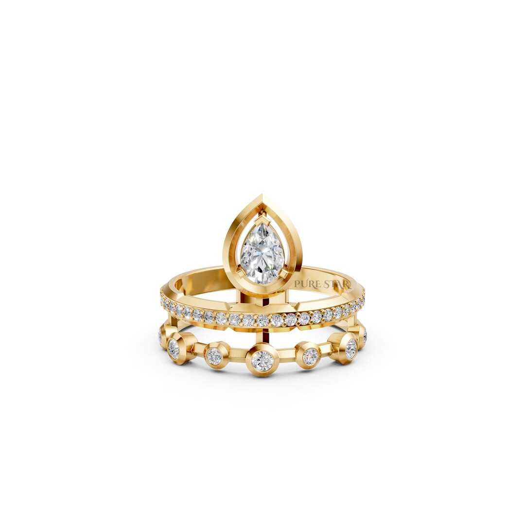 Unique Bezel Setting Pear Cut Lab Grown Engagement Ring Set Solid Gold ...