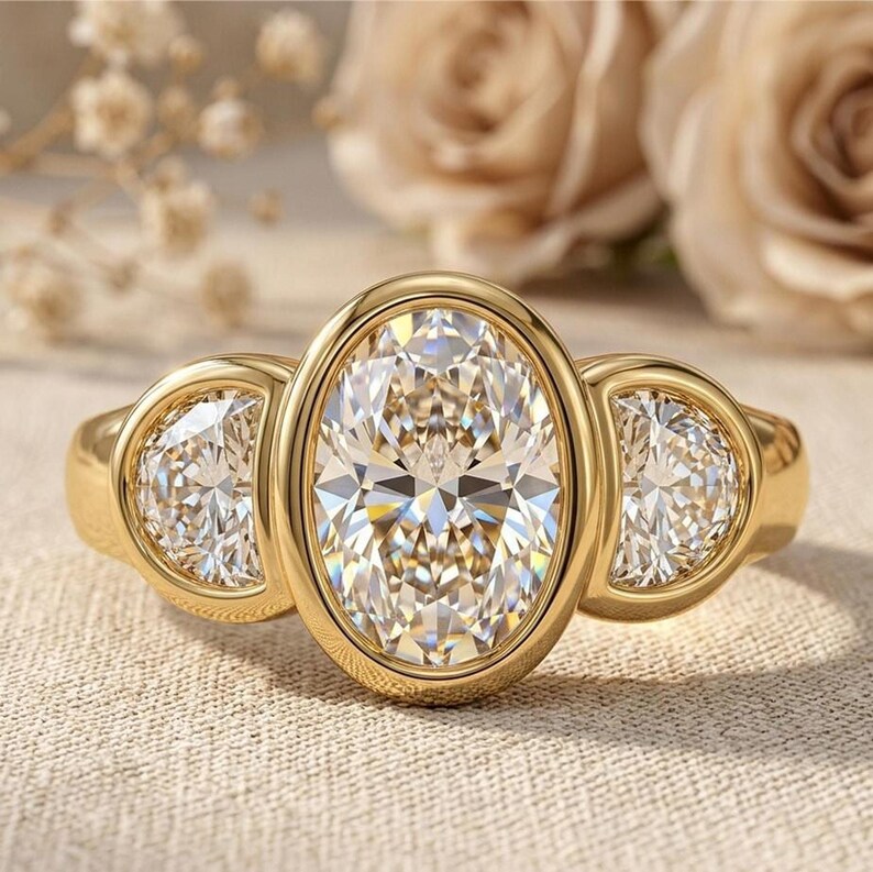 Oval cut three stone lab grown diamond engagement ring with half moon side diamonds in solid gold.