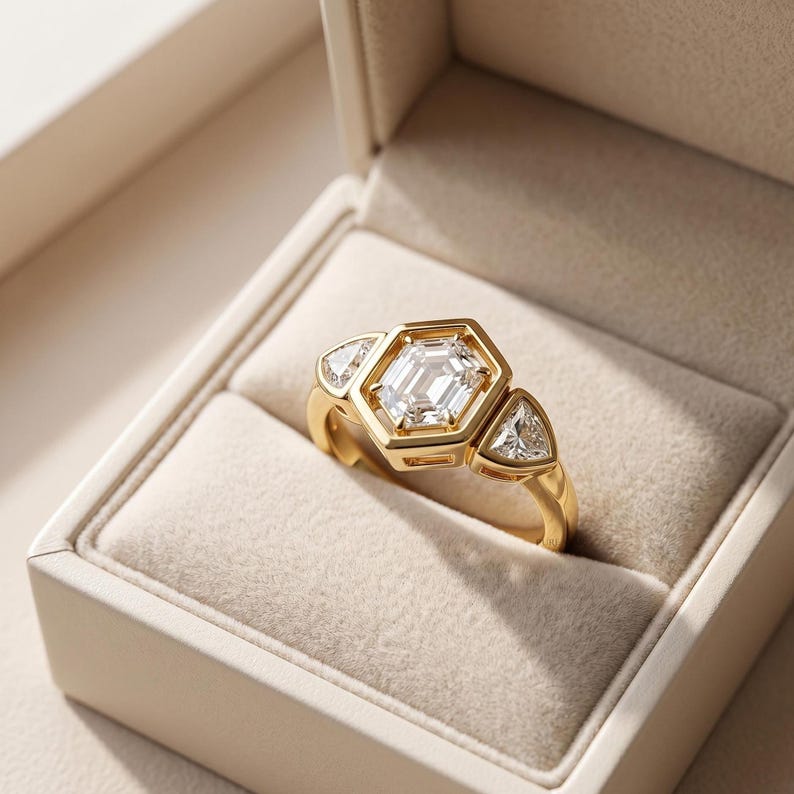 Full bezel hexagon diamond ring crafted in solid gold for modern brides.