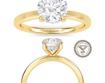 Round Lab Grown Diamond Ring Hidden Halo Engagement Ring Round Diamond Wedding Ring Solitaire Proposal Ring for Her Unique Ring Gift For Her