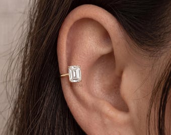 Lab Grown Emerald Diamond Ear Cuff, Solid Gold No Piercing Earring, Moissanite Ear Cuff, Prong Set Gift for Her