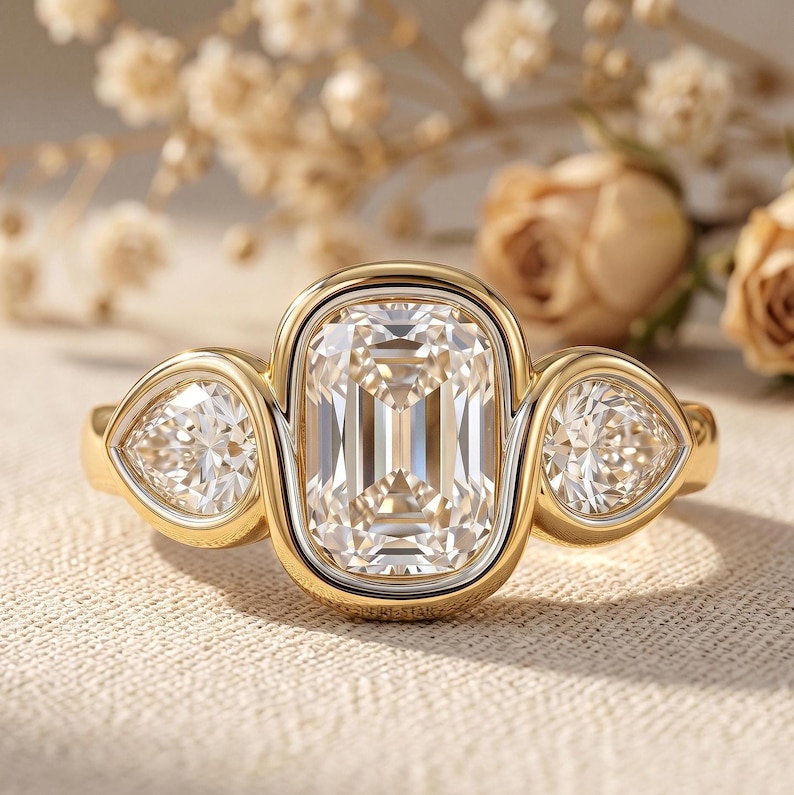 Elongated cushion cut lab grown diamond engagement ring in 14K yellow gold full bezel setting.