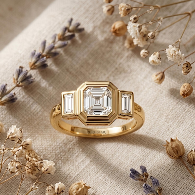 Lab grown diamond engagement ring in yellow gold with geometric Asscher cut center stone.