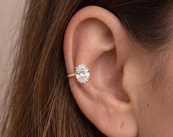 Oval Lab Grown Diamond Ear Cuff, No Piercing Solid Gold Earring, Moissanite