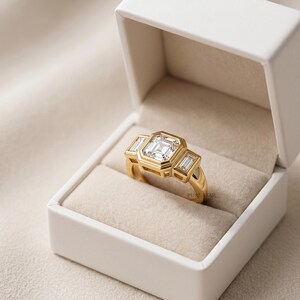 Modern vintage inspired Asscher cut diamond ring handcrafted in 14K gold.