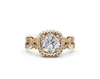 Round Lab Grown Diamond Halo Engagement Ring, Twist Row Wide Band Wedding Ring, Round Diamond Anniversary Ring for Her, Lab Grown Diamond