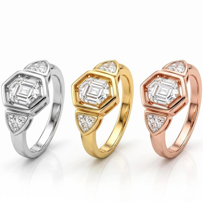 Sustainable lab grown diamond ring with trillion side stones and geometric elegance.