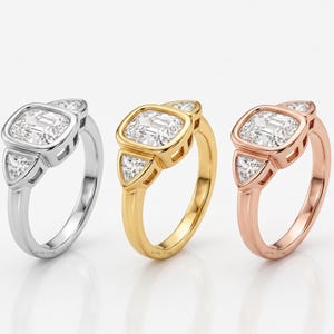 elongated cushion lab grown diamond three stone ring for women handcrafted in solid gold