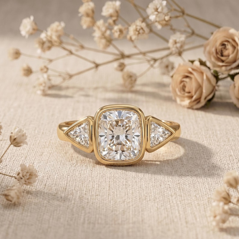 Puede incluir: Un anillo de oro con una gran piedra central de talla coj&iacute;n flanqueada por dos piedras laterales m&aacute;s peque&ntilde;as de talla triangular. La banda de metal es pulida y lisa, mostrando un dise&ntilde;o cl&aacute;sico de tres piedras con facetas claras.