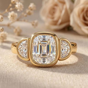 Cushion cut lab grown diamond bezel set three stone engagement ring in 14K yellow gold with half moon side diamonds.