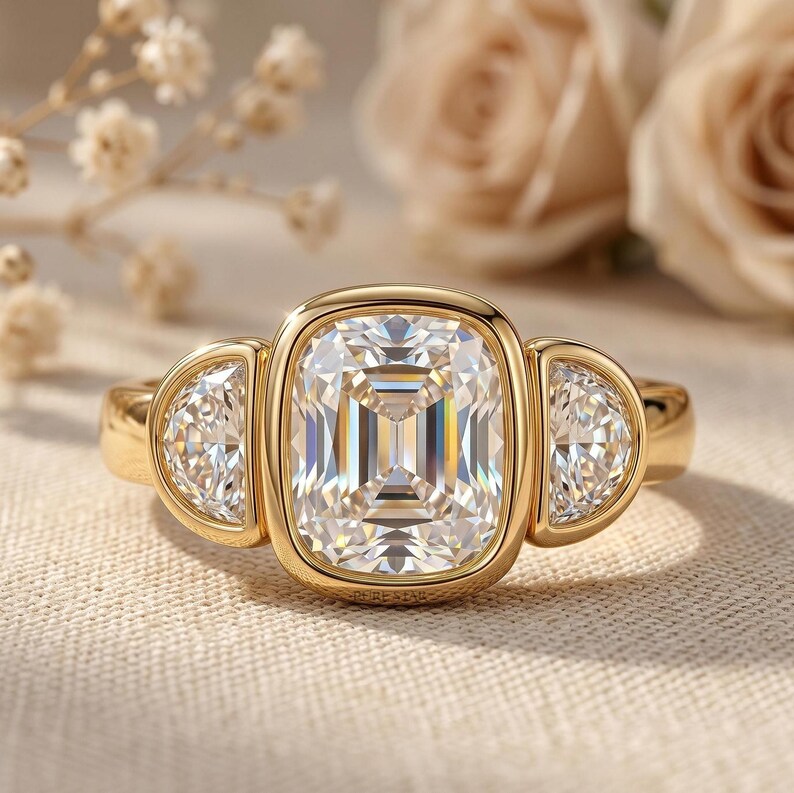 Cushion cut lab grown diamond bezel set three stone engagement ring in 14K yellow gold with half moon side diamonds.