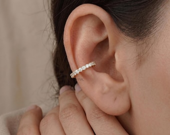 Lab Grown Diamond or Moissanite Ear Cuff, Round Cut 14K Solid Gold Non Pierced Earring, Dainty Gold Ear Cuff