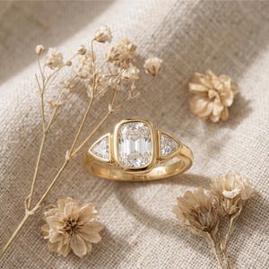 modern bezel set engagement ring with 2 carat cushion cut diamond and trillion accent stones