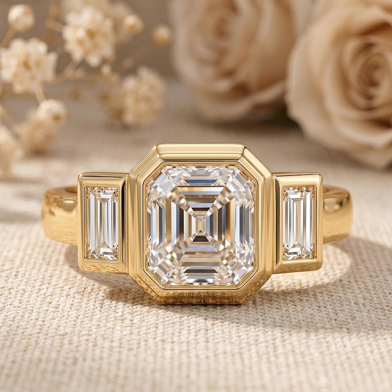 14K yellow gold Asscher cut lab grown diamond engagement ring with full bezel setting and side baguette diamonds.