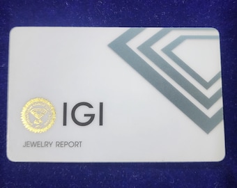 Puede incluir: Una tarjeta blanca con un diseño de diamante gris y el texto "IGI Jewelry Report".