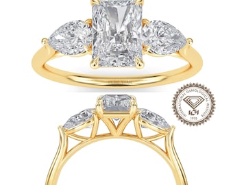 Radiant Cut Lab Grown Diamond Ring: 14K Rose Gold Three Stone Engagement Ring