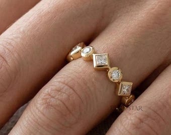 Bezel Set Band, Princess & Round Diamond Band, IGI Certified Lab Grown Diamond Wedding Ring, Bezel Set Stackable Band, 14K White Gold Ring