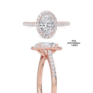Anello di fidanzamento ovale con diamante sintetico e contorno di diamanti, in oro massiccio.
