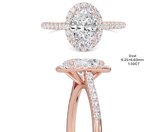 Oval Lab Grown Diamond or Moissanite Halo Engagement Ring, Solid Gold Ring, Oval Bridal Ring