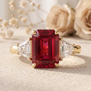 May include: A gold ring featuring a large, rectangular emerald-cut red gemstone in the centre, flanked by two clear, triangular-cut side stones. The setting is crafted from polished yellow gold, with four prongs securing the central red stone.