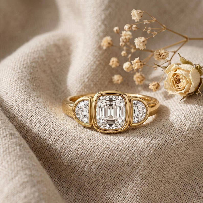 Fine jewelry cushion diamond bridal ring showcasing bezel setting and sparkling side diamonds.