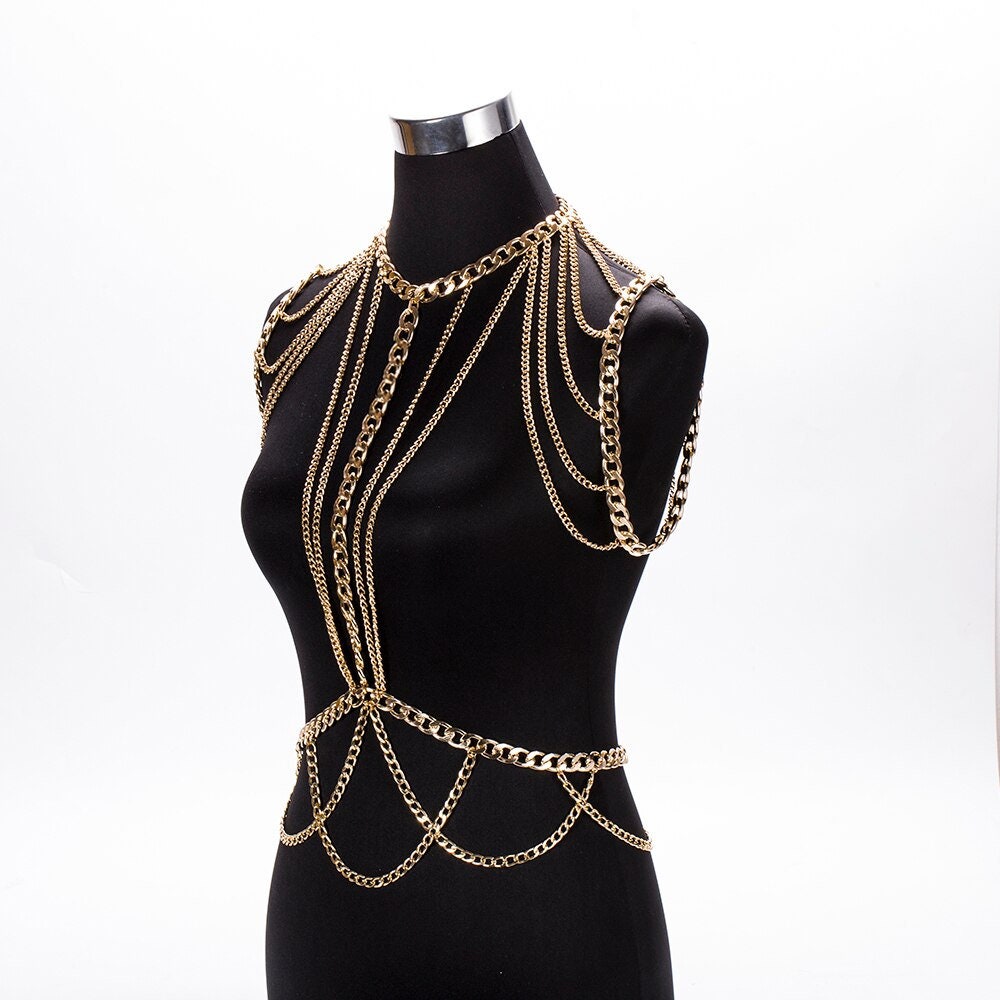 Temptress Gold & Rhinestone Body Chains / Body Jewelry for Lingerie Rave Burlesque Festivals