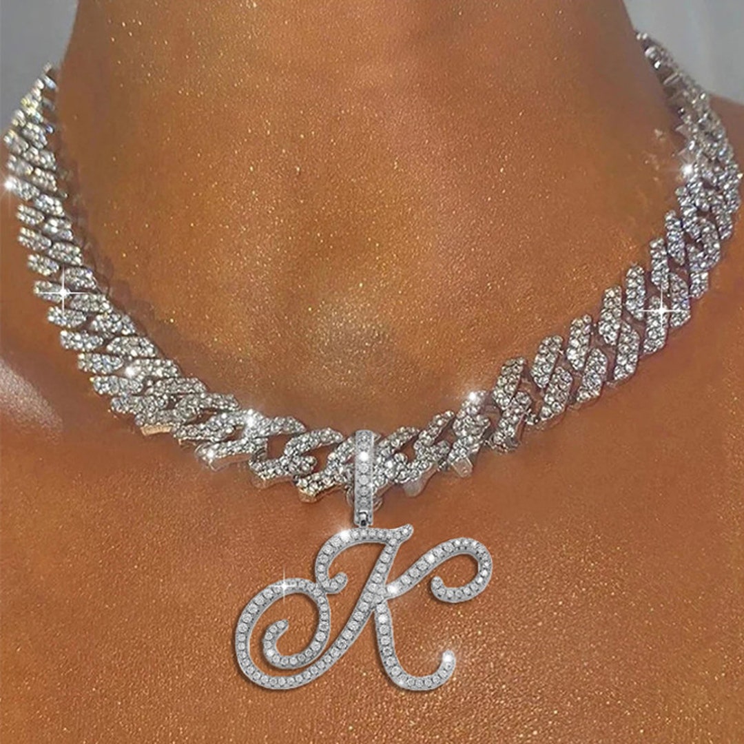 New A-Z Cursive Letter Pendant Iced Out Cuban Necklace - Etsy