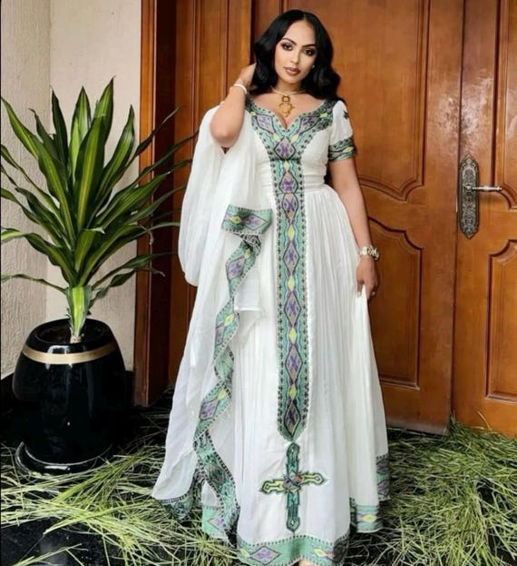 Green Ethiopian Habesha Kemis Dress: Traditional Wedding Zuria Green Ethiopian Habesha Kemis Dress: Traditional Wedding Zuria