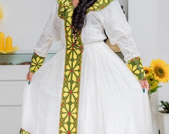 Glamorous Ethiopian Traditional Dress, Habesha kemis, Eritrean Traditional Dress, Wedding Habesha Kemis, Kaba, Message Measurements