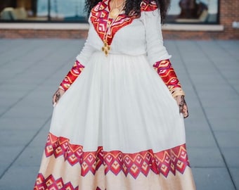 Glamorous Ethiopian Traditional Dress, Habesha kemis, Eritrean Traditional Dress, Wedding Habesha Kemis, Kaba, Message Measurements