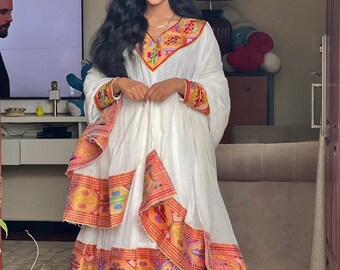 Glamorous Ethiopian Traditional Dress, Habesha kemis, Eritrean Traditional Dress, Wedding Habesha Kemis, Kaba, Message Measurements