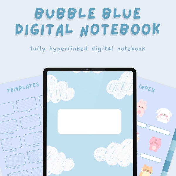 Cute Blue Digital Notebook, Hyperlinked Goodnotes Notebook, Kawaii Notebook with tabs, Cute Notetaking Templates, Planner and Journaling