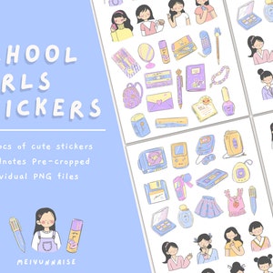 School Girls Digital Stickers, Cute Planner Sticker, Everyday Stickers, School Stickers for Goodnotes, Kawaii Stickers, Girls Stickers