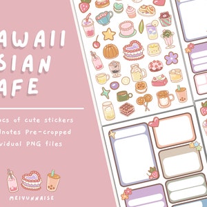 May include: A set of 48 digital stickers featuring cute illustrations of Asian cafe treats, including boba tea, cakes, pastries, and drinks. The stickers are pre-cropped for use in Goodnotes and are available as individual PNG files.