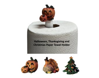 Christmas Decorations for your Kitchen - Toppers Paper Towel Holder with Three Holiday Tops Pumpkin, Thanksgiving, Christmas Tree Crazy Chef