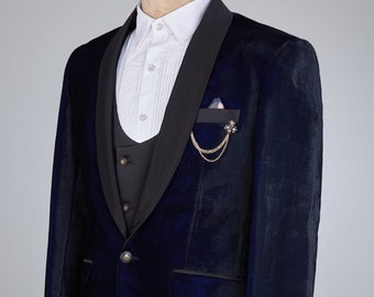 Navy Blue Velvet Men's 3 Piece Suits Sets Wedding Formal Slim Fit Suit Groomsmen Suit Set