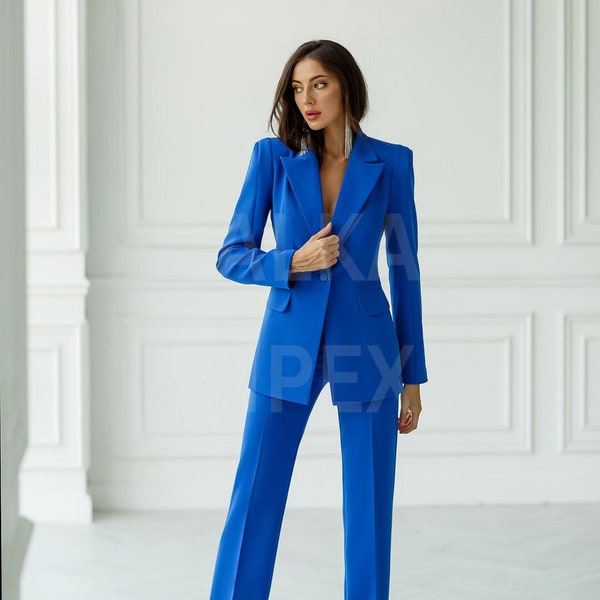 Blue Women 3 Piece Tuxedo Suit Set Plus Size Tuxedo Prom 1920s Blazer Dress bridesmaid Women's Formal Pant Suit