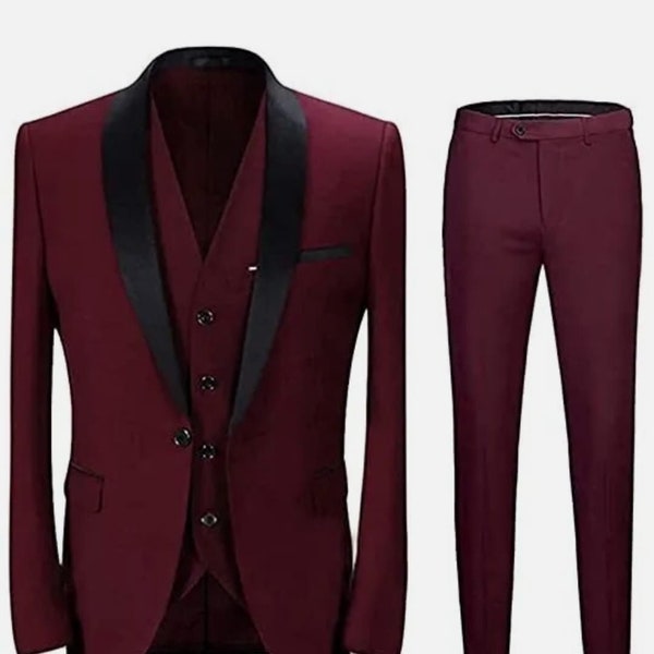 Burgundy Men's 3 Piece Suit For Men Maroon 3 Piece Wedding Tuxedo Jacket Groomsmen Dress Pant Suit Men's Formal Clothing