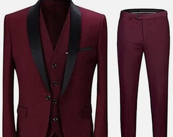 Burgundy Men's 3 Piece Suit For Men Maroon 3 Piece Wedding Tuxedo Jacket Groomsmen Dress Pant Suit Men's Formal Clothing