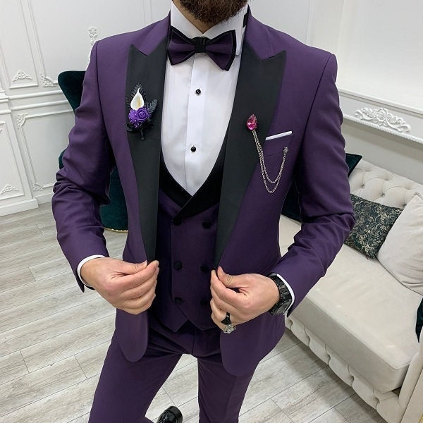 Men's Purple 3 piece Suit Set Wedding Tuxedo Groomsmen Formal Business Groom Wear Elegant Men's Clothing