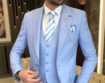 Blue Men's 3 Piece Tuxedo Suit Set Groomsmen Formal Businessmen Jacket Suits For men Wedding Suit Formal Outfit For Men