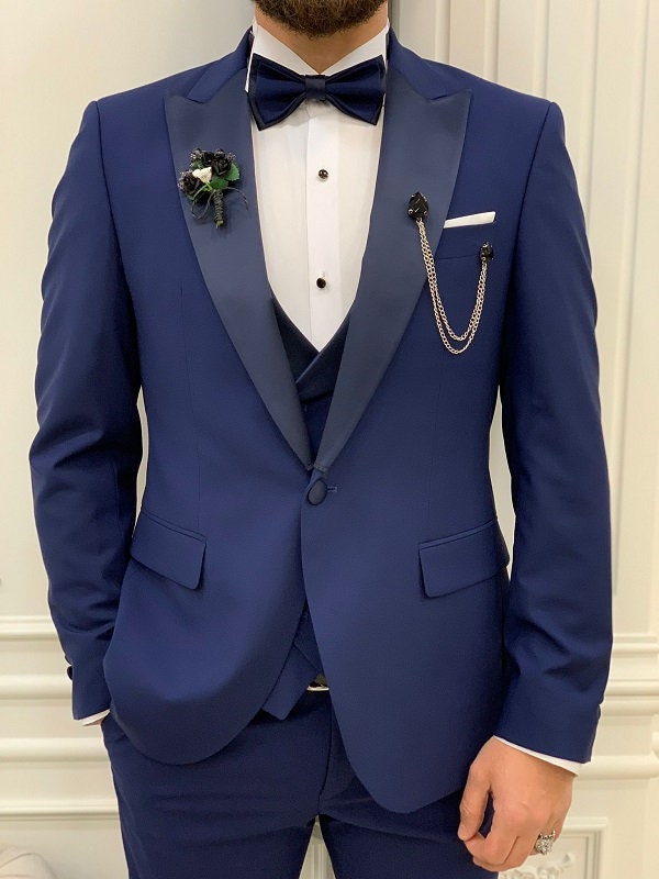 Buy Navy Blue Woven Italian Tuxedo Suit Online | Samyakk
