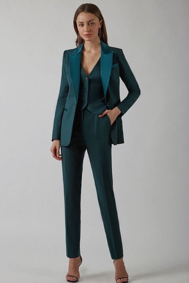 Women Wedding Green 3 piece Suit Set Formal Lesbian Wedding Women's Wedding Clothing Blazer Suits Bridal Pant Plus Size Suit image 3