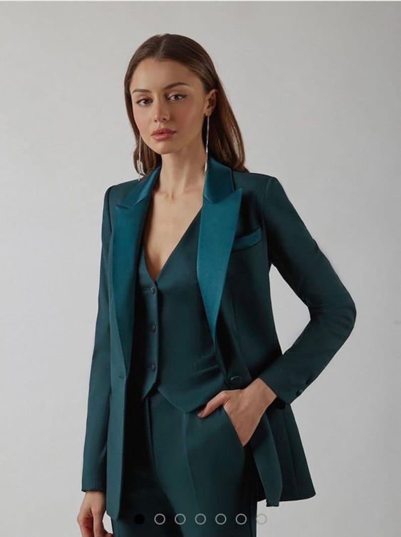 Women Wedding Green 3 piece Suit Set Formal Lesbian Wedding Women's Wedding Clothing Blazer Suits Bridal Pant Plus Size Suit image 2