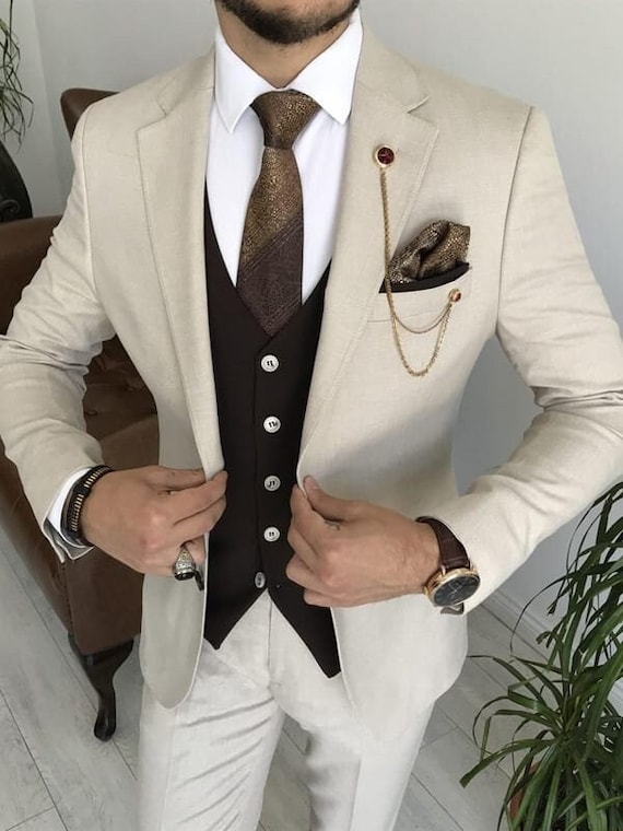 Men's 3 Piece Suit Set Wedding Brown Tuxedo Groomsmen Party Wear
