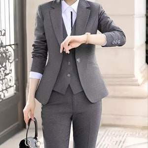 Grey 3 Piece Women's Suit Set Tuxedo Prom Bridesmaid Wedding Ladies Blazer Dress Outdoor Womens Formal Suit Clothing