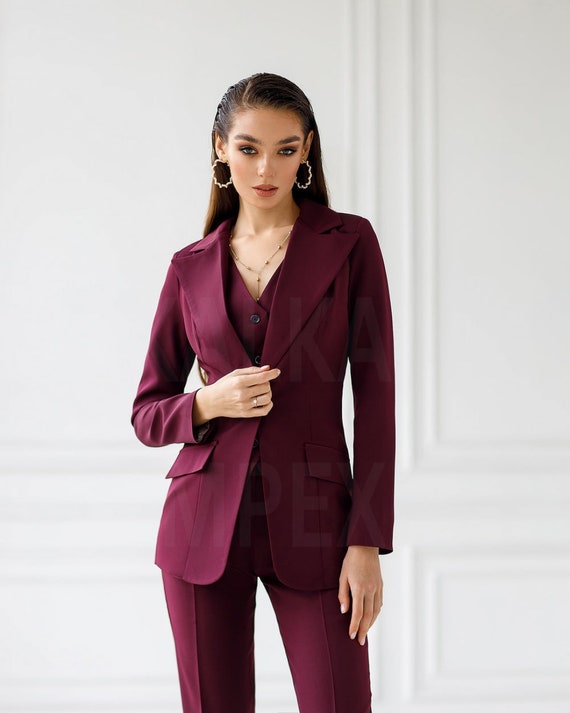 Women 3 Suit Set Burgundy Plus Tuxedo Suit Etsy