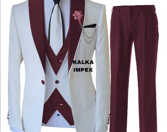 Burgundy 3 Piece African Suits For Men , Men's wedding suits , bespoke wedding suits ,Groomsmen Gift , Vintage Men Western Suits