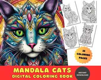 Mystical Cat Mandala Coloring Book | Relaxing Activity for Adults & Kids | 35 Pages | Printable PDF